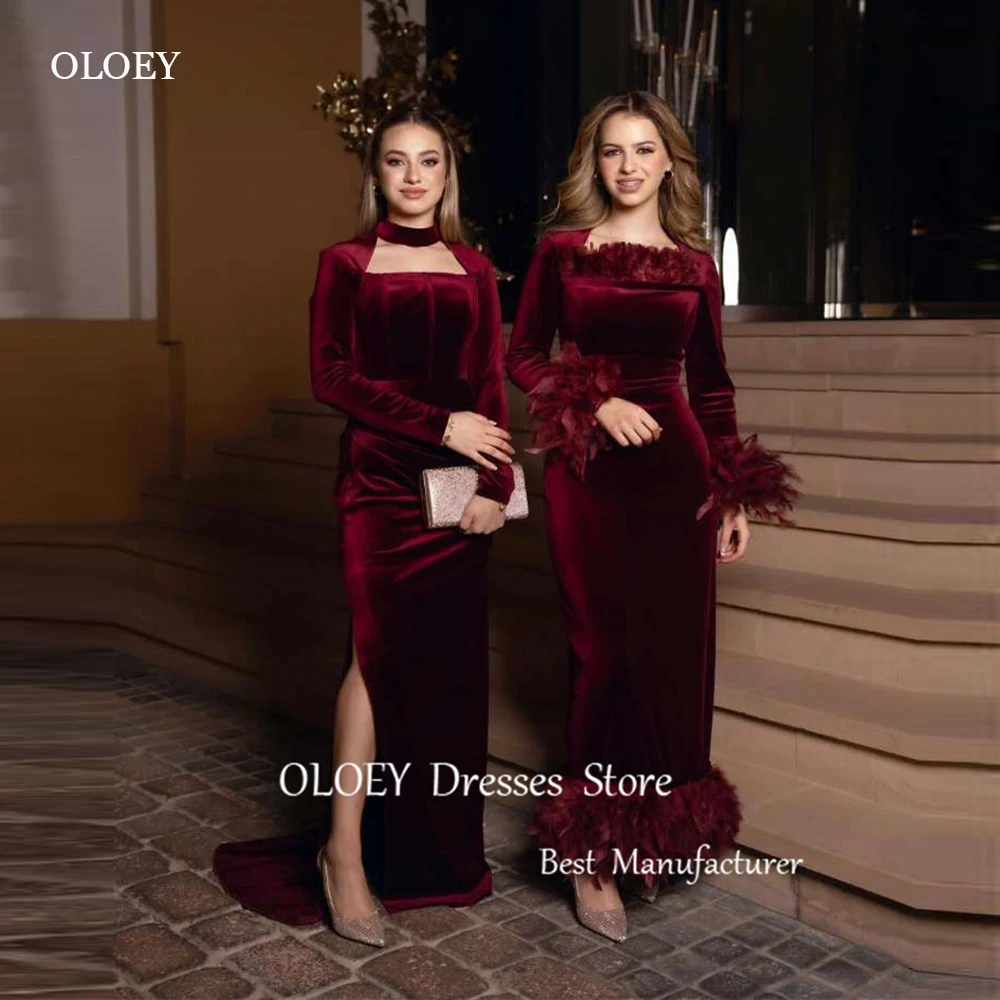 

OLOEY Gorgeous Dark Wine Red Velvet Feathers Evening Dresses Long Sleeves Dubai Arabic Women Formal Party Dress For Birthday