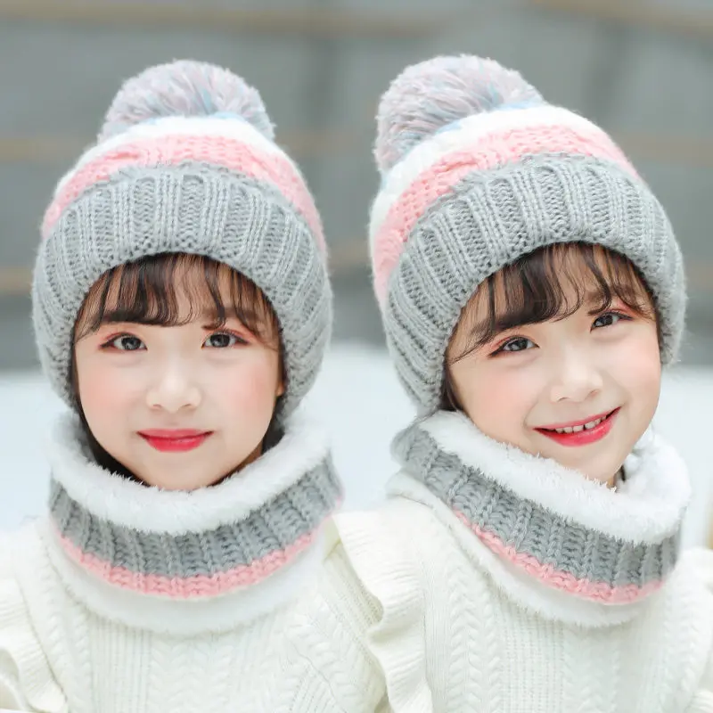 Winter Knitted Wool Ball Beanies for Children Cute Sweet Plus Velvet Thick Hat Scarf Set Korean Version Warm Boys Girls Caps 1