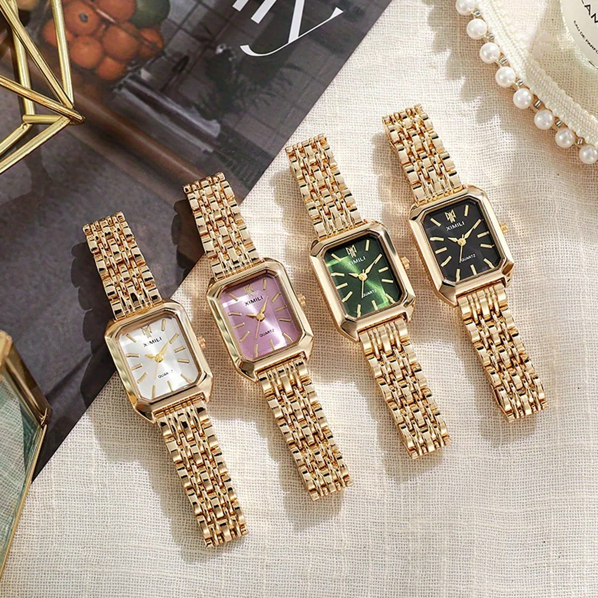 1pc-Women Stainless Steel Band Watch Minimalist Square Quartz Wristwatch