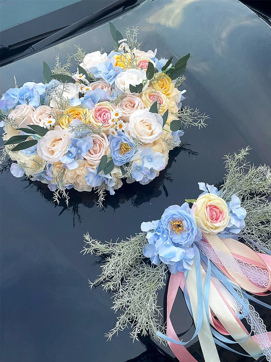 

ONE SET Wedding Car Decorated Artificial Flowers Bride To Be Wedding & Engagement Party Decoration Mirror Handle Decor Z774
