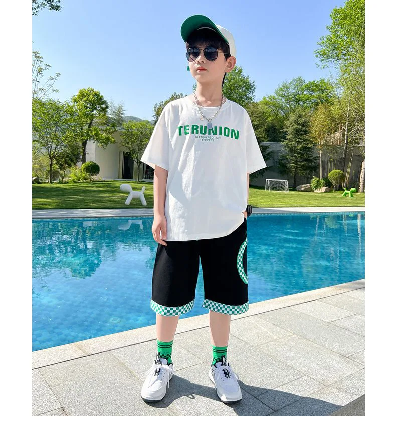 Boys cotton cartoon alphabet T-shirt with plaid shorts 2-piece outfit white 02