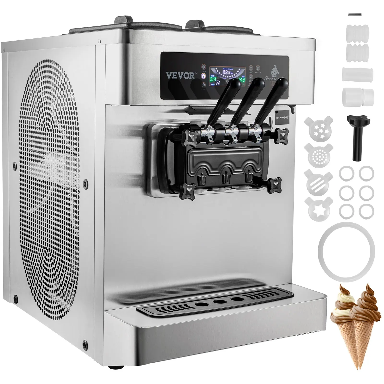 

VEVOR Pre-Cooling Countertop Ice Cream Maker, 2450W 20-28L/H Yield, 2+1 Flavors Soft Serve Machine w/ Two 7L Hoppers