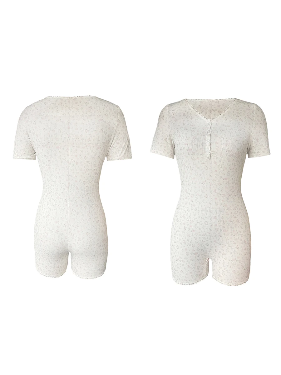 

Women Short Sleeve Button V-neck Shorts Jumpsuit Floral Print Romper Playsuit Y2k Party Clubwear