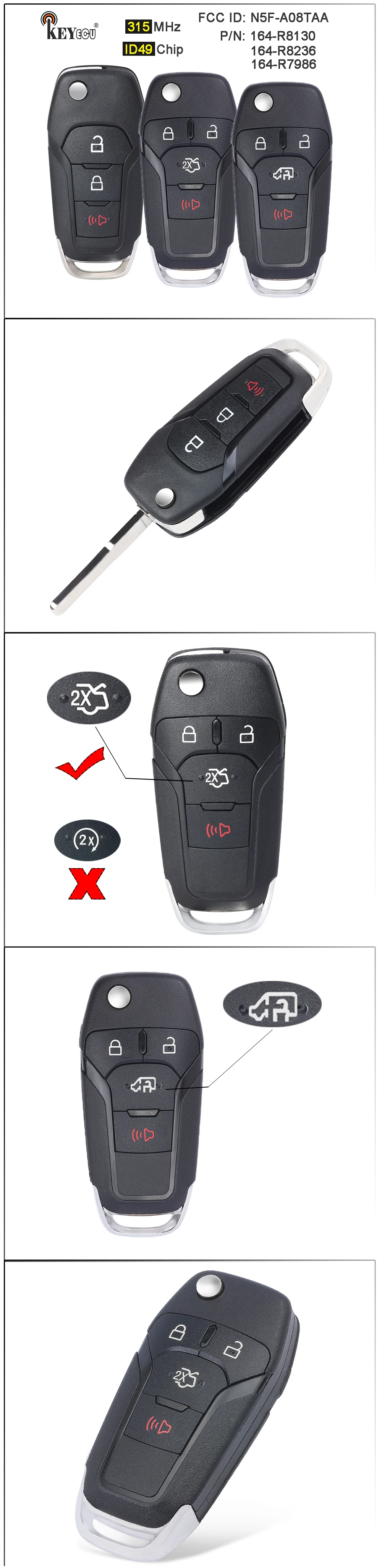 Keyforkess 315MHz ID49 Chip N5F-A08TAA, 164-R7986 164-R8130 164-R8236 portachiavi a distanza senza chiave per Ford Fusion Transit Connect Explore - S45d40063f2434e33ba4982e230163189n