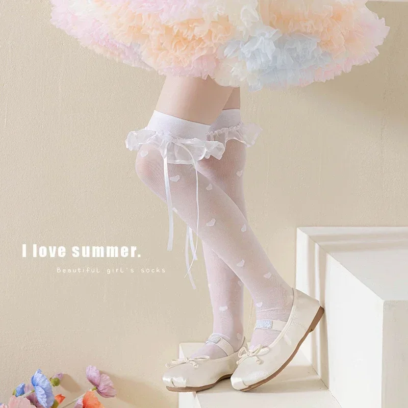 Black White Thin Breathable Lace Knee High Long Sock for Kids Girls Korean Fashion Dot Heart Knee Sock Nylon Cotton School Sock