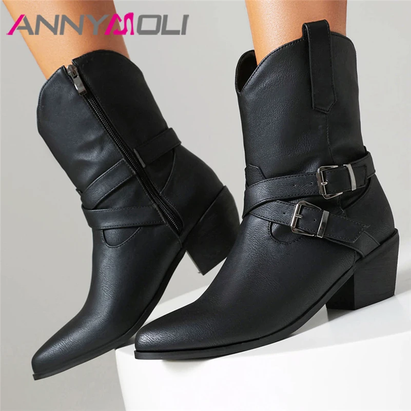 

ANNYMOLI Women Ankle Short Boots Pointed Toe Thick High Heels Zipper Buckle Western Cowgirl Boots Ladies Autumn Winter Shoes 44