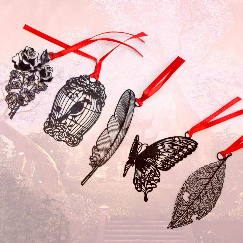 

1pcs Feather Leaf Bird Rose Butterfly Bookmarks Retro Black Metal Bookmarks for Books Unique Reading Office School Stationery