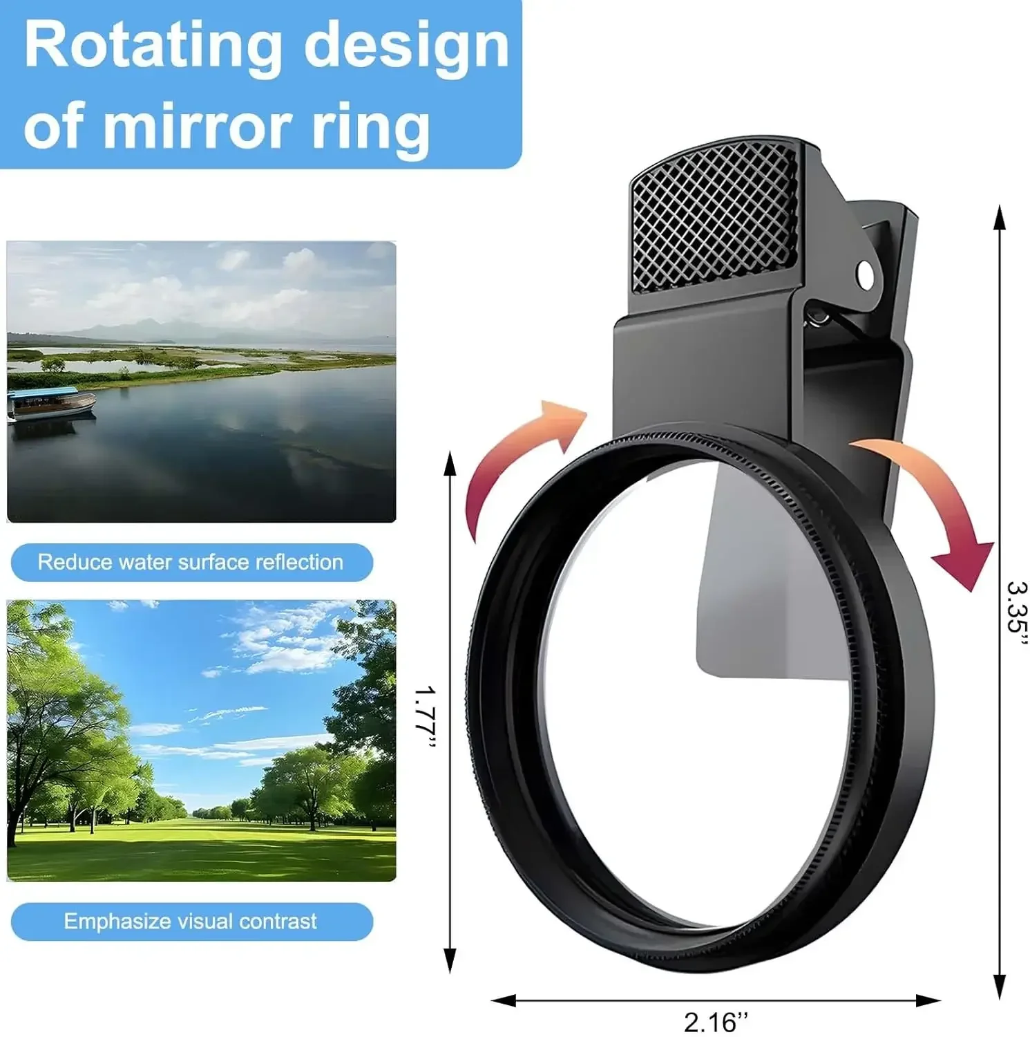 Gros plan sur le filtre CPL 52mm pour smartphone, montrant sa bague métallique et son verre polariseur circulaire.