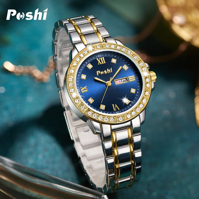 POSHI Quartz Watch for Women Alloy Strap Causal Ladies Wristwatch with Date Week Fashion Elegant Bracelet Waterproof Gift 4
