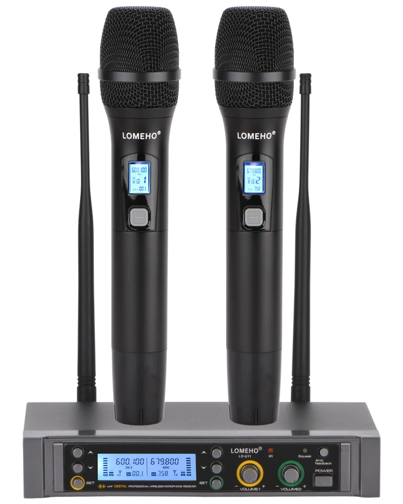 Lomeho LO-U11 2 Way 2X380 Multi Frequency DC 5V Anti-feedback Mute DJ Party Karaoke Church Metal Handheld Wireless Microphone dynamic microphone