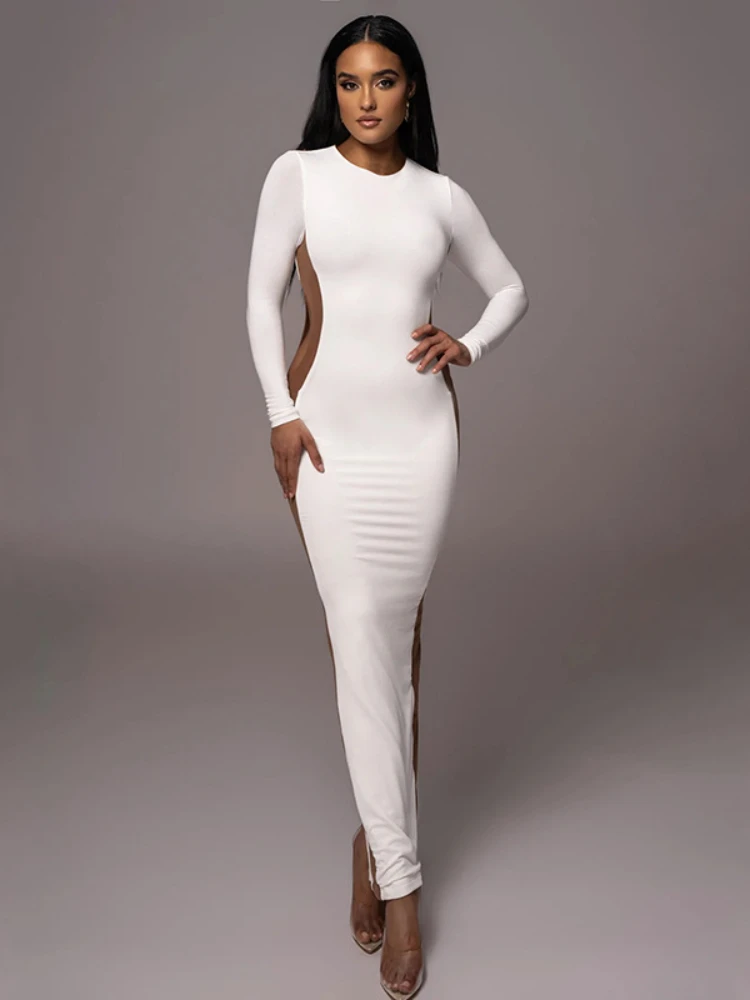 

Autumn Winter Patchwork Maxi Dress Round Neck Long Sleeve Back Split Bodycon Dress Elegant Party Evening Dresses for Women 2023