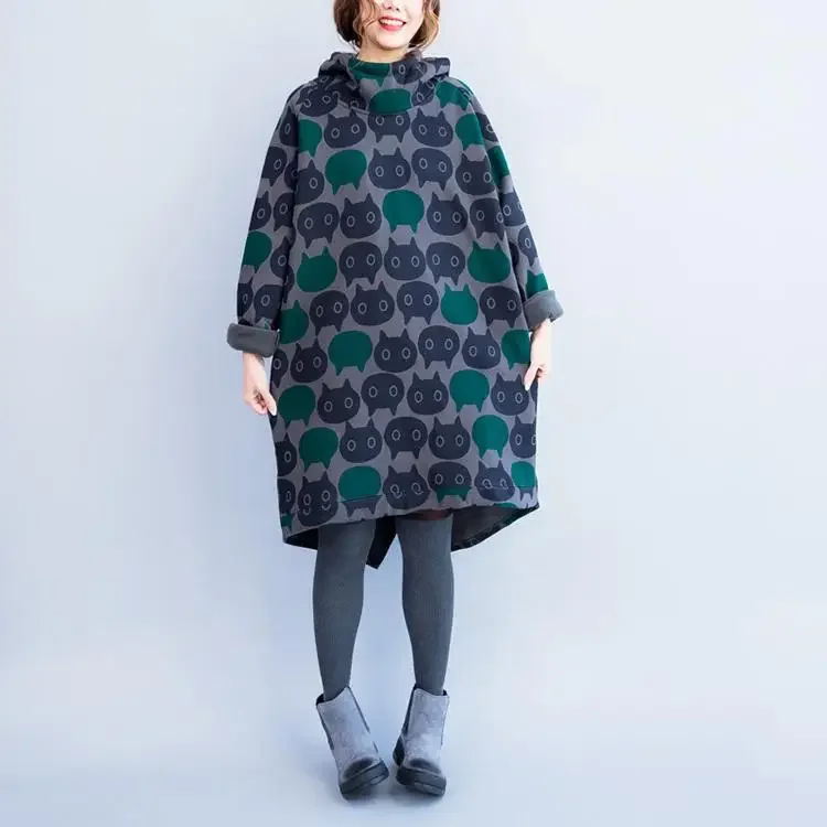 Winter Female Vintage Velvet Thick Hoodie Dress Plus Size Autumn Women Cat Print Hoodies Kawaii Cartoon Long Hooded Sweatshirt