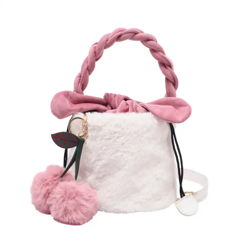 

Plush Cylinder Bucket Bag Women Vogue Handbag Shoulder Bag 22444