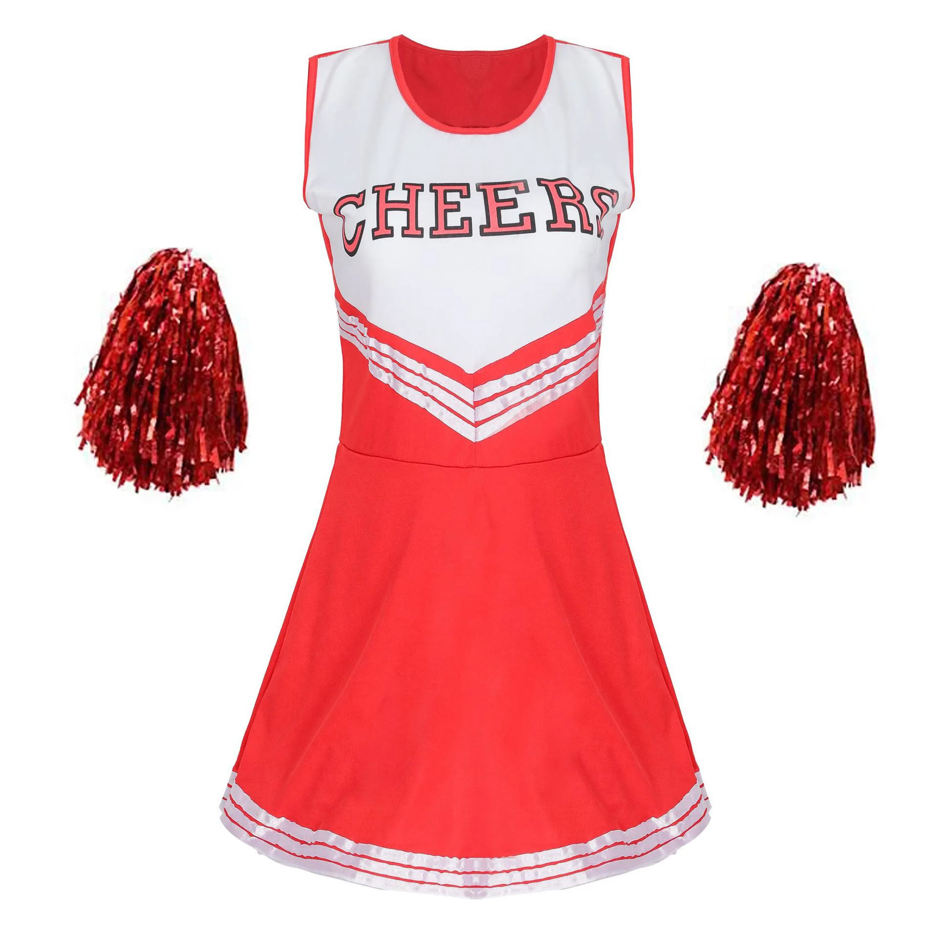 Cheerleader Stage Performance Red Dress+Pompoms Cheerleading Costumes Adult High School Cheer Uniform Girl Dancing Show cheerleader stage performance red dress pompoms cheerleading costumes adult high school cheer uniform girl dancing show