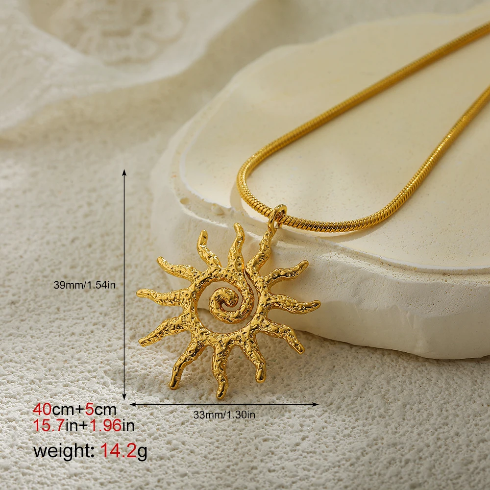 Unique Trendy 18K Gold Plated Hammer Patterned Spiral Sun Pendant Necklace Choker Stainless Steel Waterproof Women Jewelry Gift