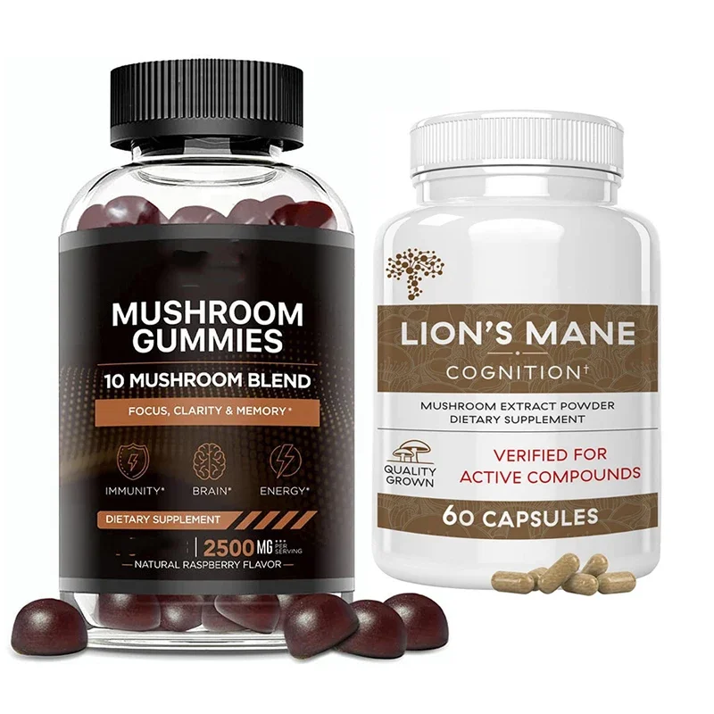 

2Pcs Lion Mane Mushroom Soft Candy+Capsules Immune Support Relieve Mild Depression Anxiety Prevent Gastrointestinal