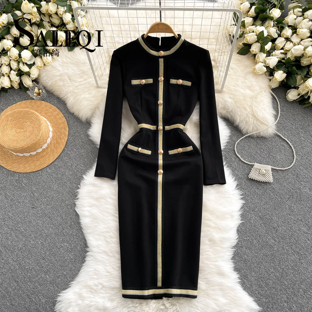 

Women Long Sleeve Sexy Slim Bodycon Split Dress Vintage French Fashion Knit Tight Vestido Elegant Autumn Winter Sweater Robe