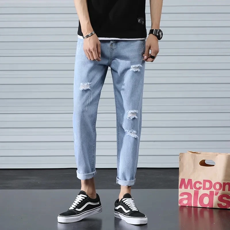 Fashionable Men's Tight Jeans 2024 New Korean Edition With Leaky Holes Men's Loose Straight Drop Feel Wide Leg Pants Light Blue
