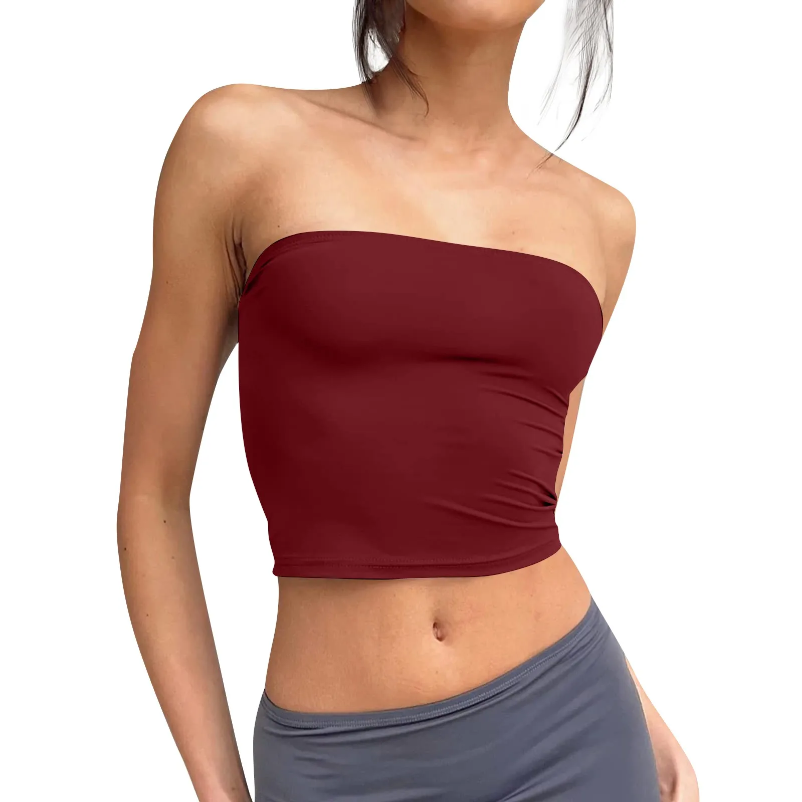 Summer Fashion And Slim Fit Off Shoulder Sexy Solid Colour Basic Backless Sleeveless Strapless Short Crop Tops For Female