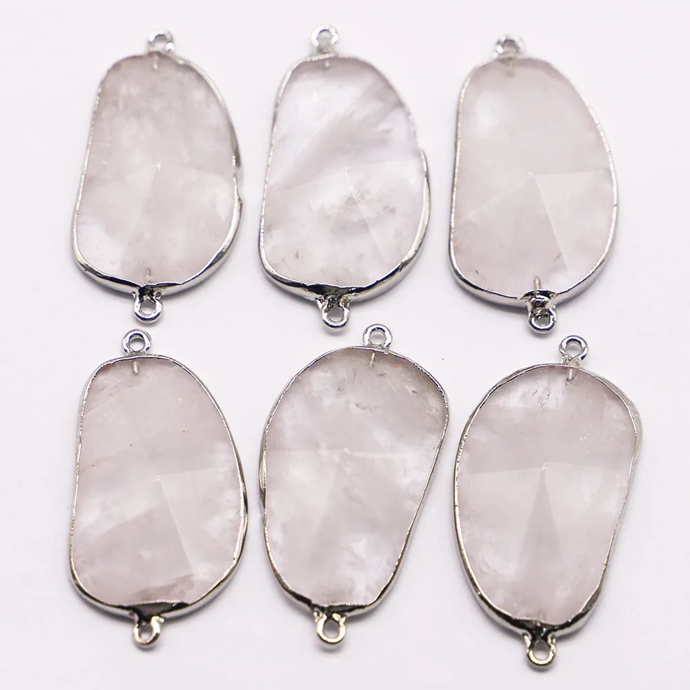 New Natural White Crystal Stone Irregular Connector Pendants Slice Necklace Silver Plated Edge Charms Diy Jewelry Wholesale 6Pcs