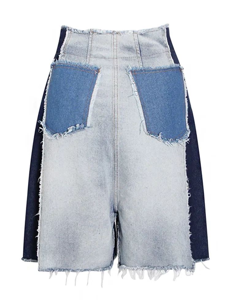 KBQ Spliced Pocket Colorblock Loose Denim Shorts For Women High Waist Tunic Casual Wide Leg Short Pants Female Fashion Style New