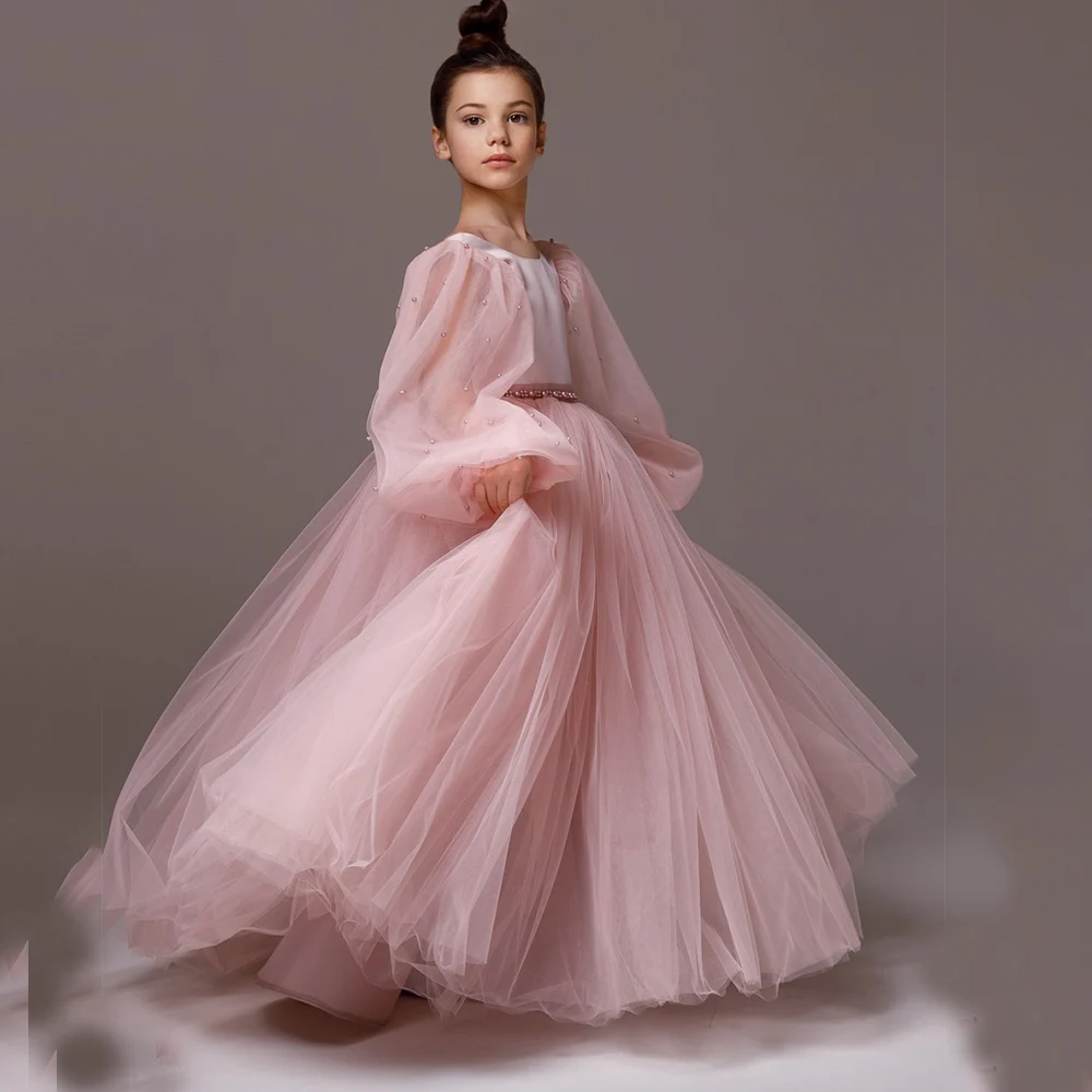 

Simple A Line Puffy Tulle Flower Girl Dresses Floor Length Full Sleeve Sashes Beading Child Wedding Dress Платья для девочек-цве
