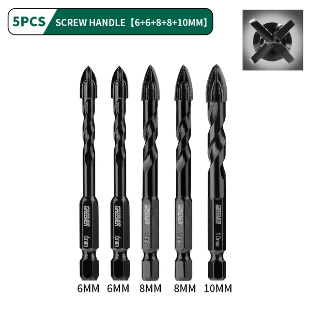 GREENER 3-12mm Four-blade Concrete Impact Glass Drill Cross Hex Tile Drilling Bit Special For Hexagonal Shank Hard Alloy Tri 6-10mm 5pcs