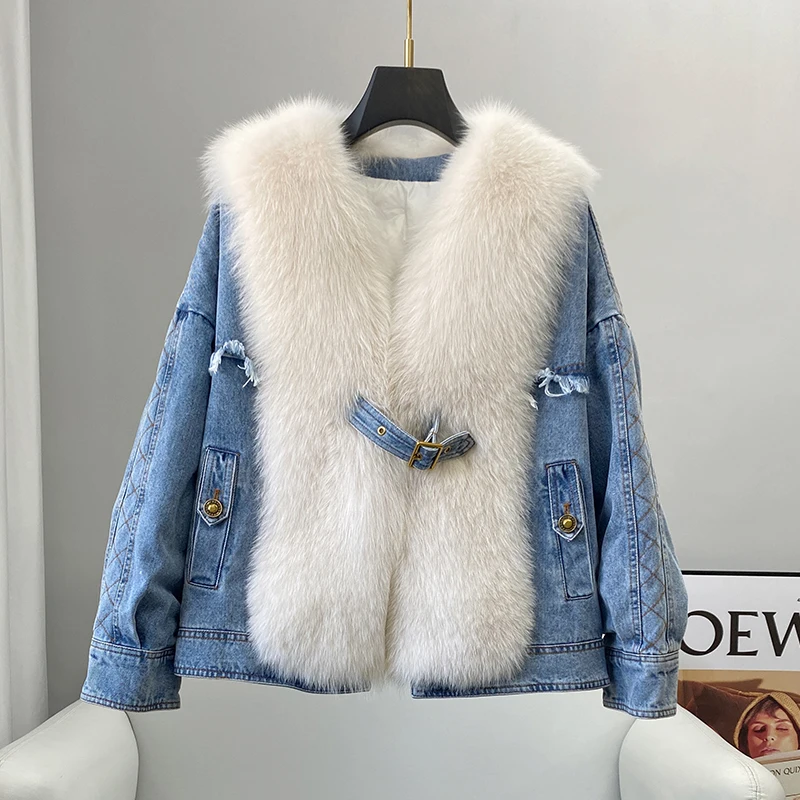 

PUDI Women Winter Warm Duck Down Jeans Coat New Female Real Fox Fur Collar Jackets CT2108