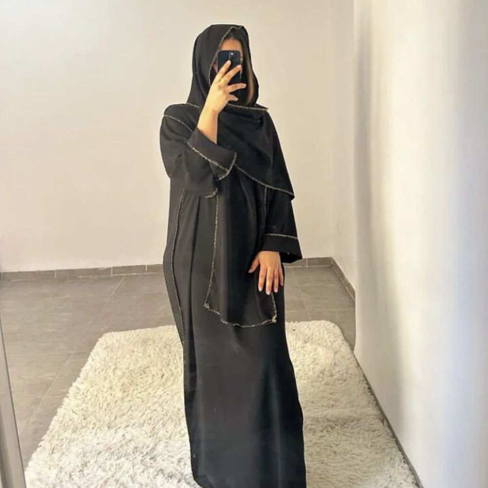 

Golden line Abaya with Integrated Hijab Scarf Prayer Dress Jilbab Eid Plain Muslim Abayas for Women Dubai Kaftan Robe Islam