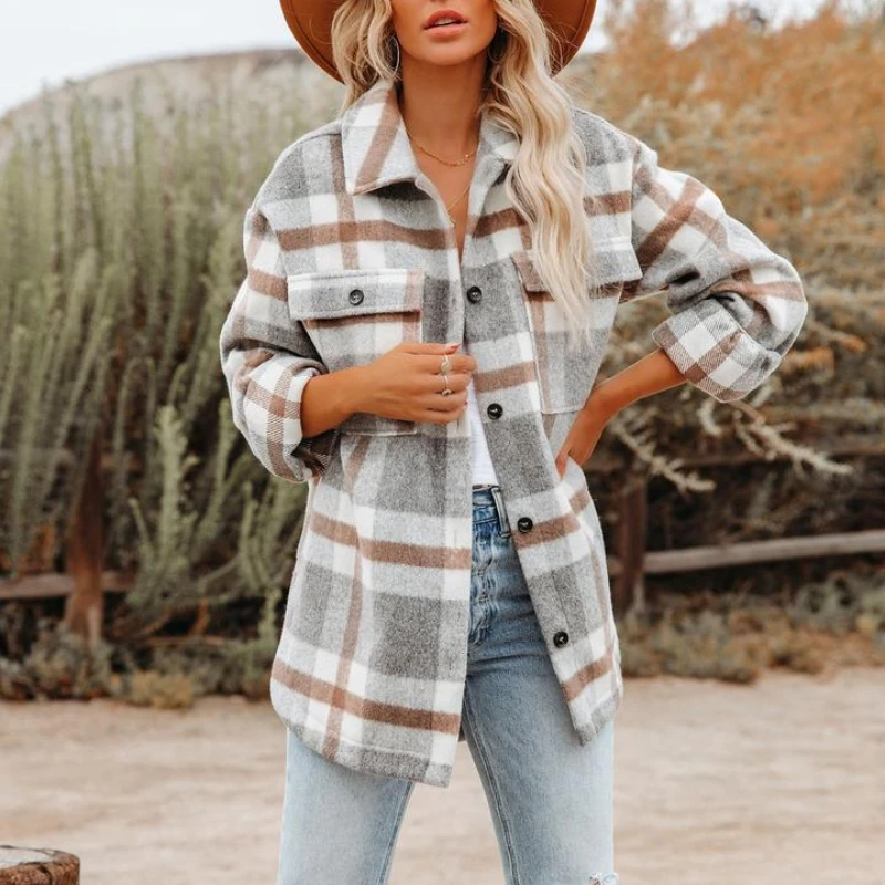 Loose Vintage Jacket Winter Flannel Coat Long Sleeve Warm Autumn Women Casual Fashion Outerwear Overshirt Plaid Shirt Jackets