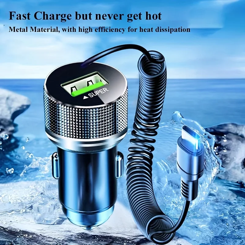Metal USB C Car Charger with Spring Cable Super Fast Charging Adapter 12V for iPhone 15 14 13 Samsung OPPO VIVO Huawei Oneplus car phone charger phone charger adapter car charger phone charger