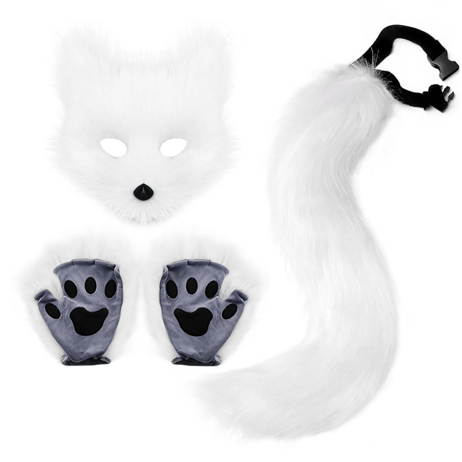 Cat Gloves Fluffy Fur Fox Tail Keychain Cat Paws Gloves And Wolf Therian Mask Set For Halloween Cosplay Costume Accessories Mask Sets
