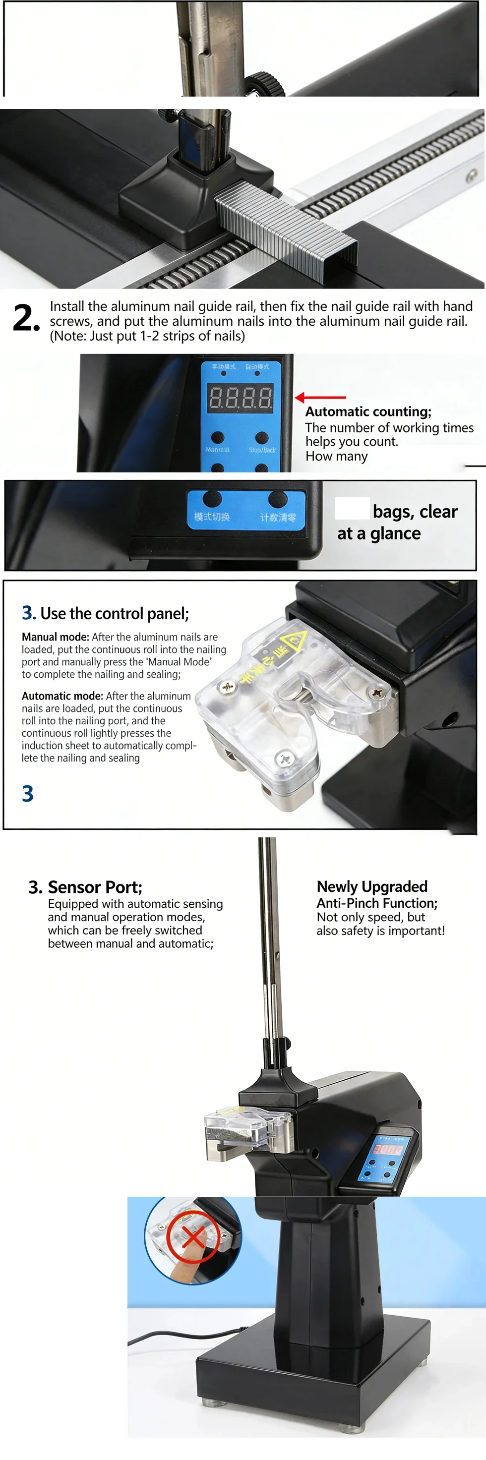 Automatic Bag Sealing Nail Machine Sensor Trigger Anti-Pinch Manual/Auto Dual Mo