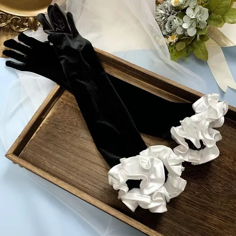 Newlywed Cropped Mesh Wedding Gown Accessories Simple Satin Long Photography Gloves for Wedding and Important Occasions