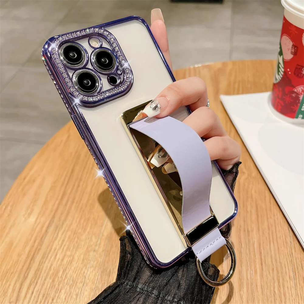 thumbnail image 1 of Wrist Strap Finger Ring Invisible Holder Phone Case for iPhone 14 15 ProMax 12 13 Pro Max 11 Plus Luxury Diamond Plating Cover, 1 of 5
