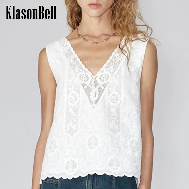 

5.24 KlasonBell Flower Embroidery Cotton Mesh V-Neck Tank Top Sweet Fashion Commuter White Camisole