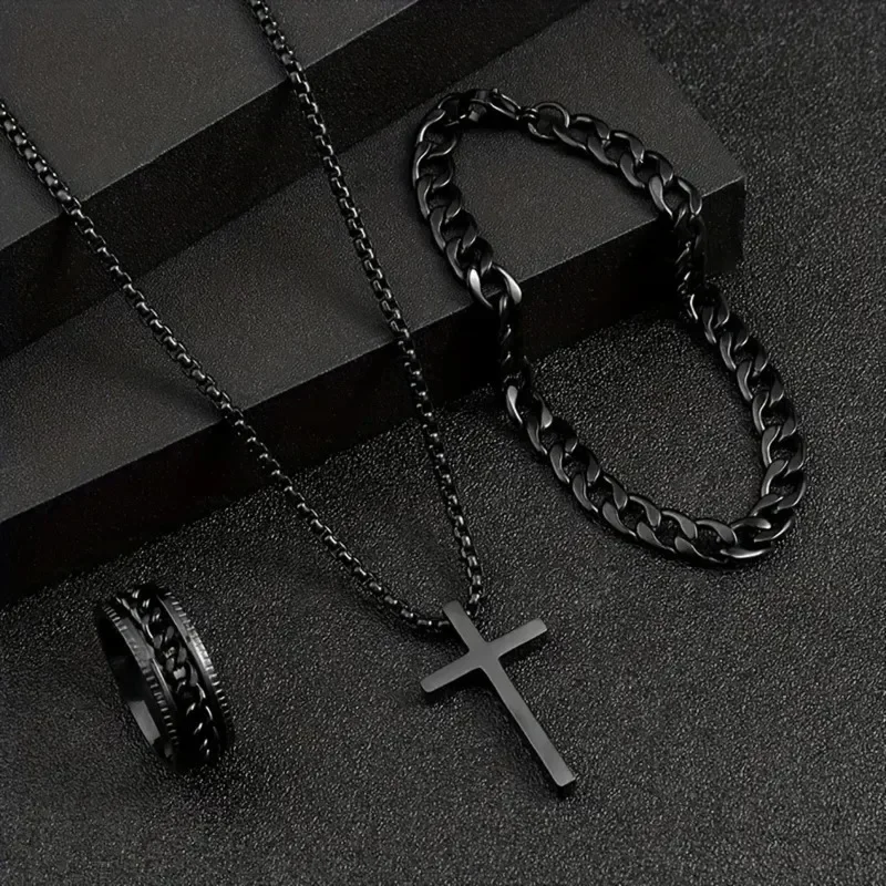 Punk Cross Pendant Necklace Bracelet Chain Ring Men's Set Simple Personality Hip Hop Party Three Piece Jewelry Accessories 1