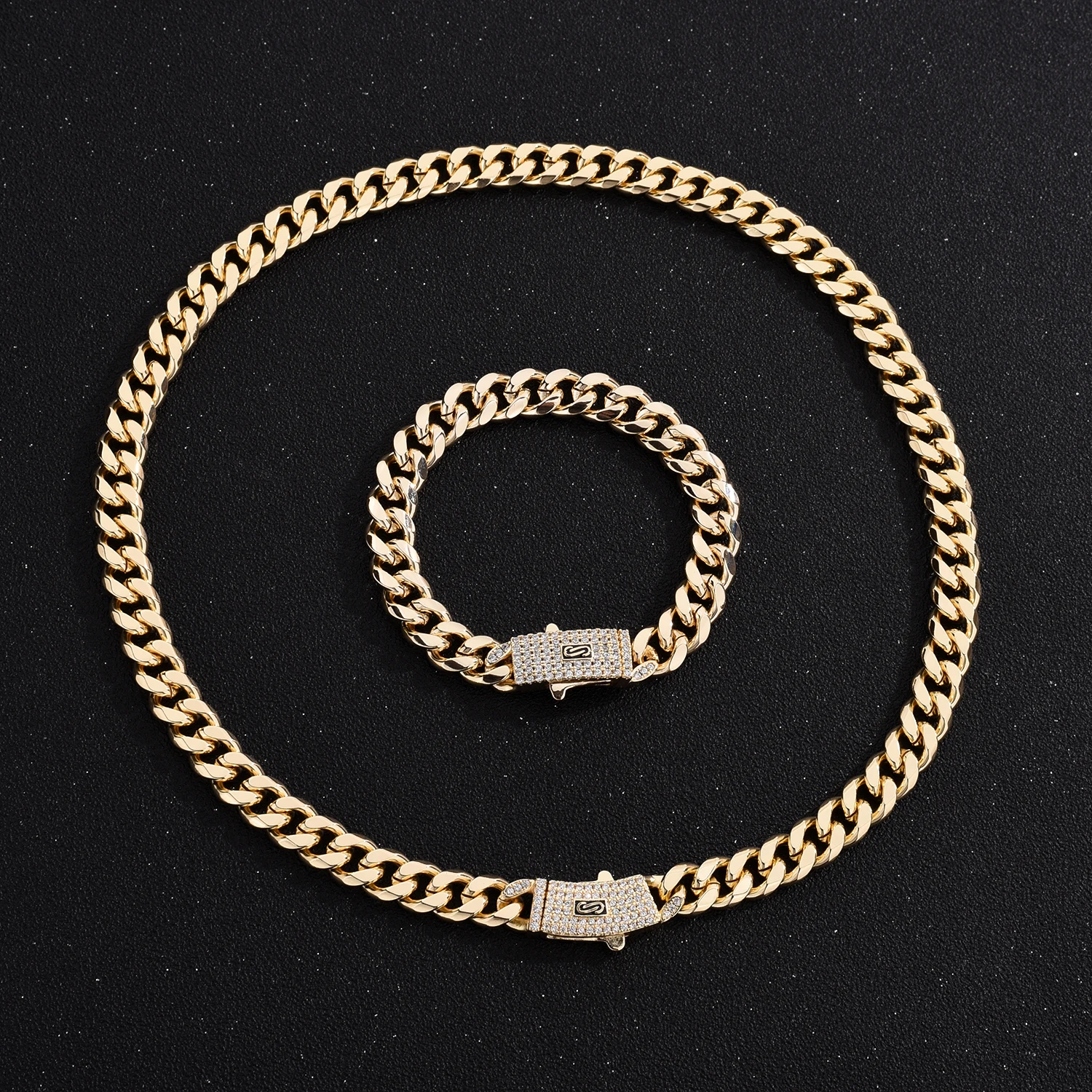 

AAA CZ Suitable for Men's Hip Hop Cuban Necklace Copper Material Women's Punk Curb Chain Bracelet Gold Vintage