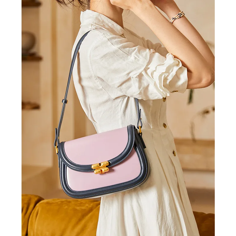 ZR DIARY Contrast Color Saddle Bag for Women's Split Leather Shoulder Bag New Exquisite Lock Buckle Underarm Crossbody Bag 9251