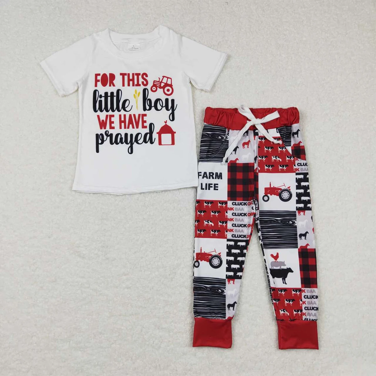 

Wholesale Baby Boy Outfit Toddler Short Sleeves Alphabet Farm Animals T-shirt Kids Pocket Pants Infant Children Set Clothes