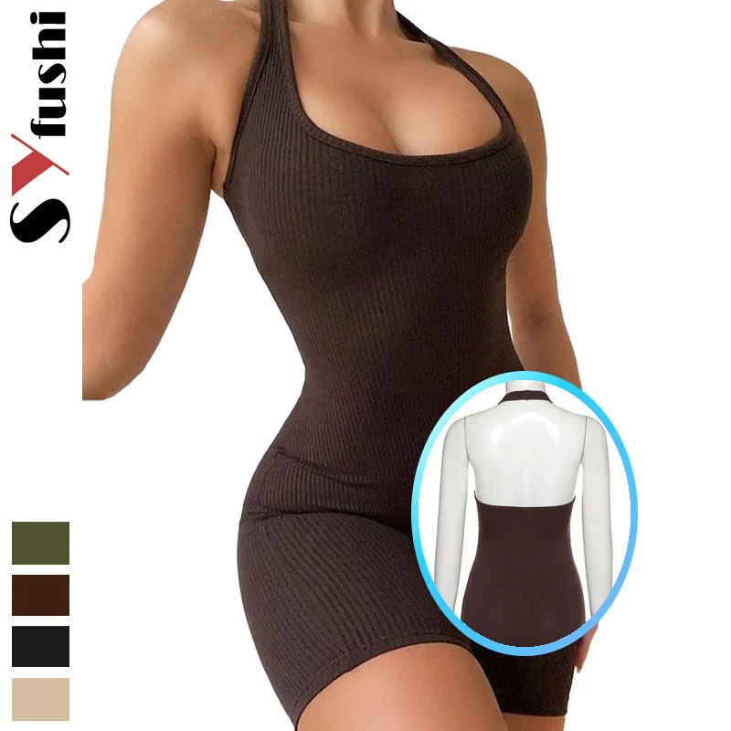 Fashionable  women's solid color hollowed out neckline sexy slim fit backless jumpsuit shorts yoga suit overall jump suit women