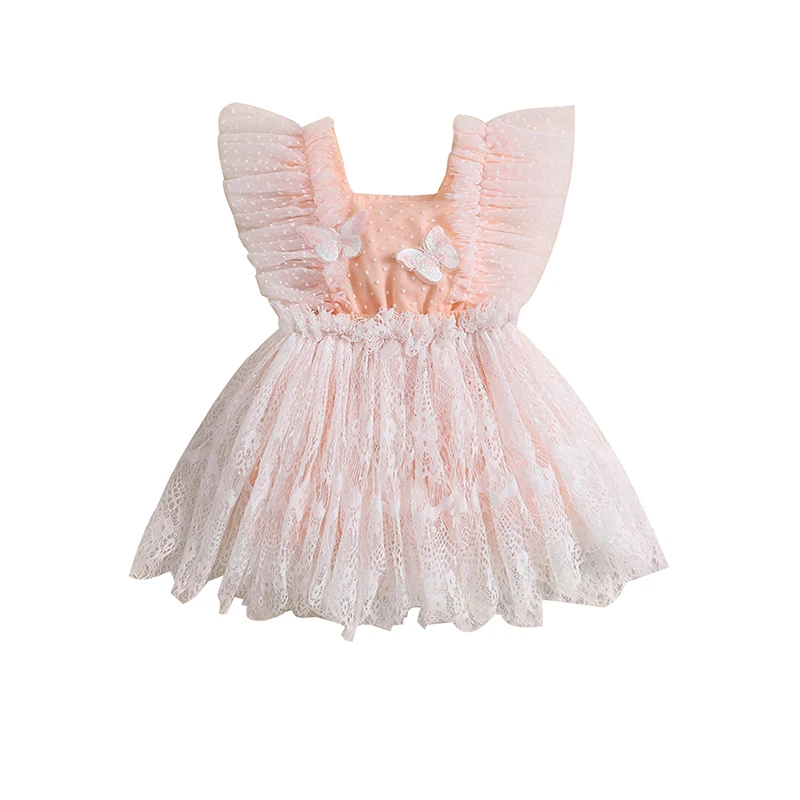 

Baby Girls Dress Butterfly Embellished Swiss Dot Lace Fly Sleeve Casual Dress Summer Princess Dress