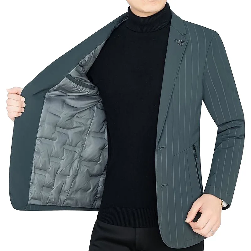 

Мужской легкий пуховик с воротником-стойкой HOO, теплая зимняя куртка на белом утином пуху с двойной пряжкой в полоску, 2024