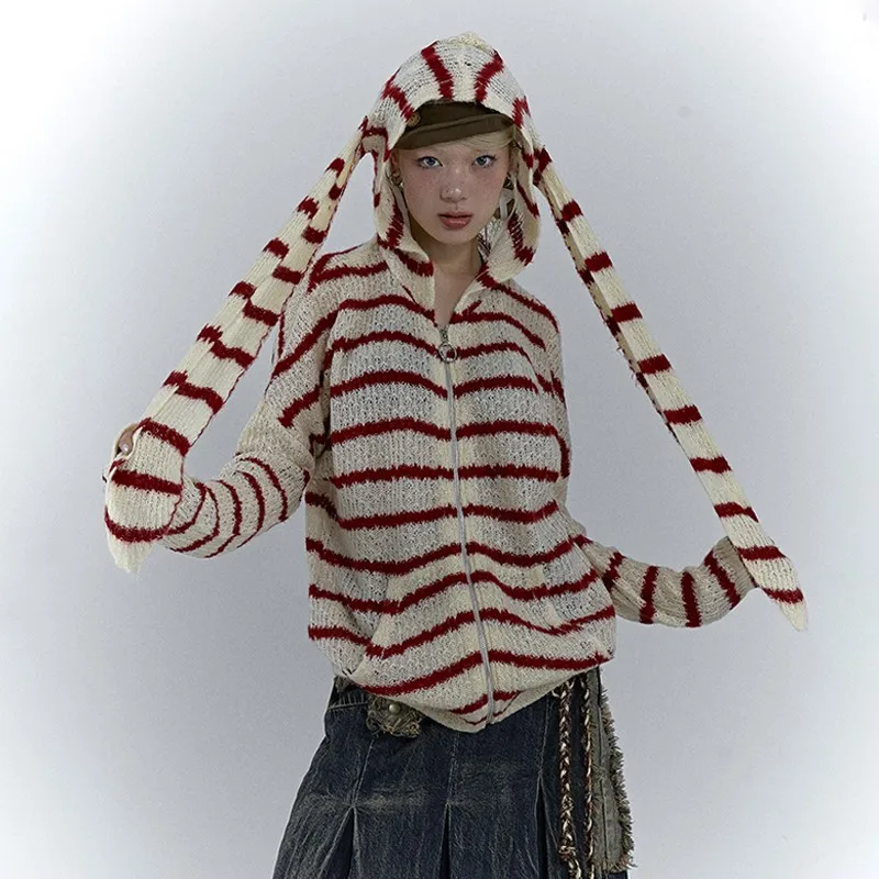 

Grunge Aesthetics Striped Cardigan Vintage Rabbit Ears Knitwears Japanese Y2k Hollow Out Knit Outerwear Harajuku