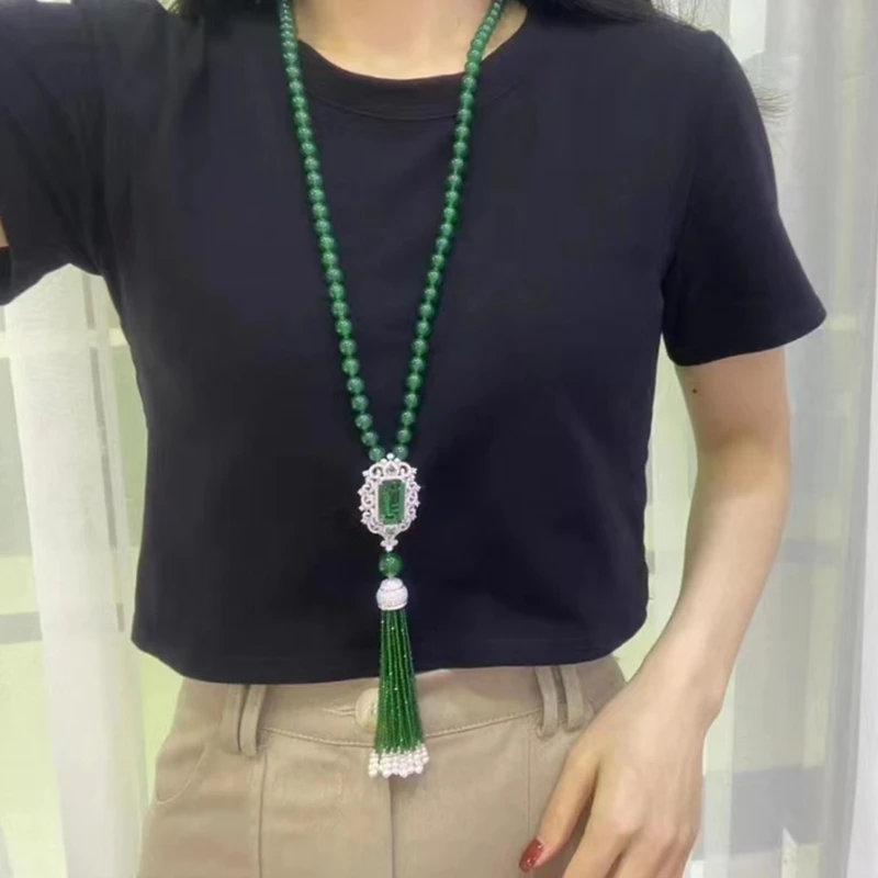 

Handmade Green Agate Tassel Long Necklace And Earring Set For Women