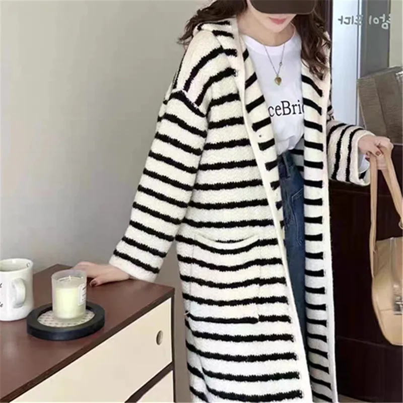Women Autumn Winter Striped Knitted Sweater Long Sleeve Cardigan