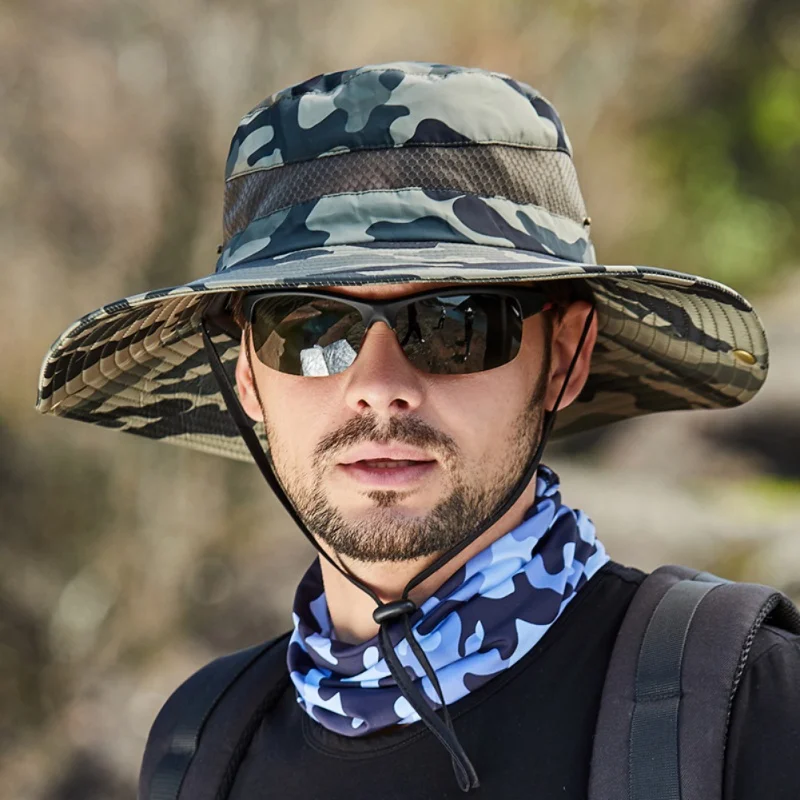 Summer Men's Hat Breathable Sunshade Outdoor Fishing Hunting Hats Sunscreen Solid Color Fisherman Bucket Wide Brim Cap
