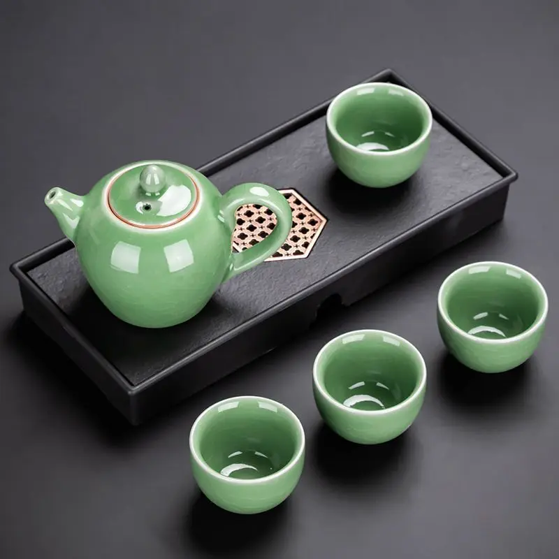 Kung Fu Tea Set with Tray for Office and Home Use, Ceramic Tea Making Utensils for Guests, Teapot Making