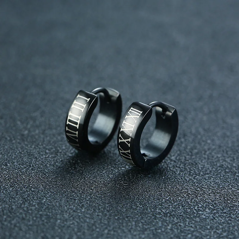 Vnox Punk Black Hoop Earrings For Men Roman Numerals High