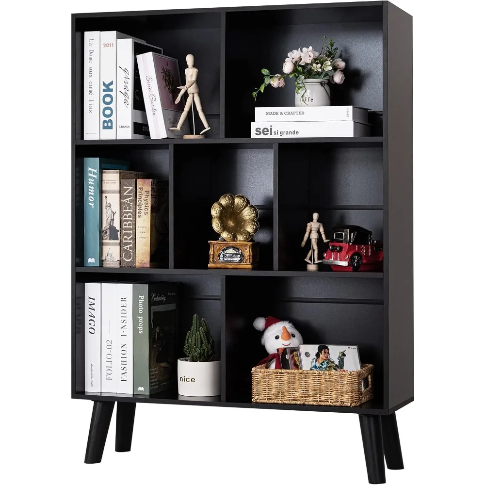 

YAHARBO Black Bookshelf,3 Tier Modern Bookcase with Legs,Bookshelves Wood Storage Shelf, Open Book Shelves Cube Organizer